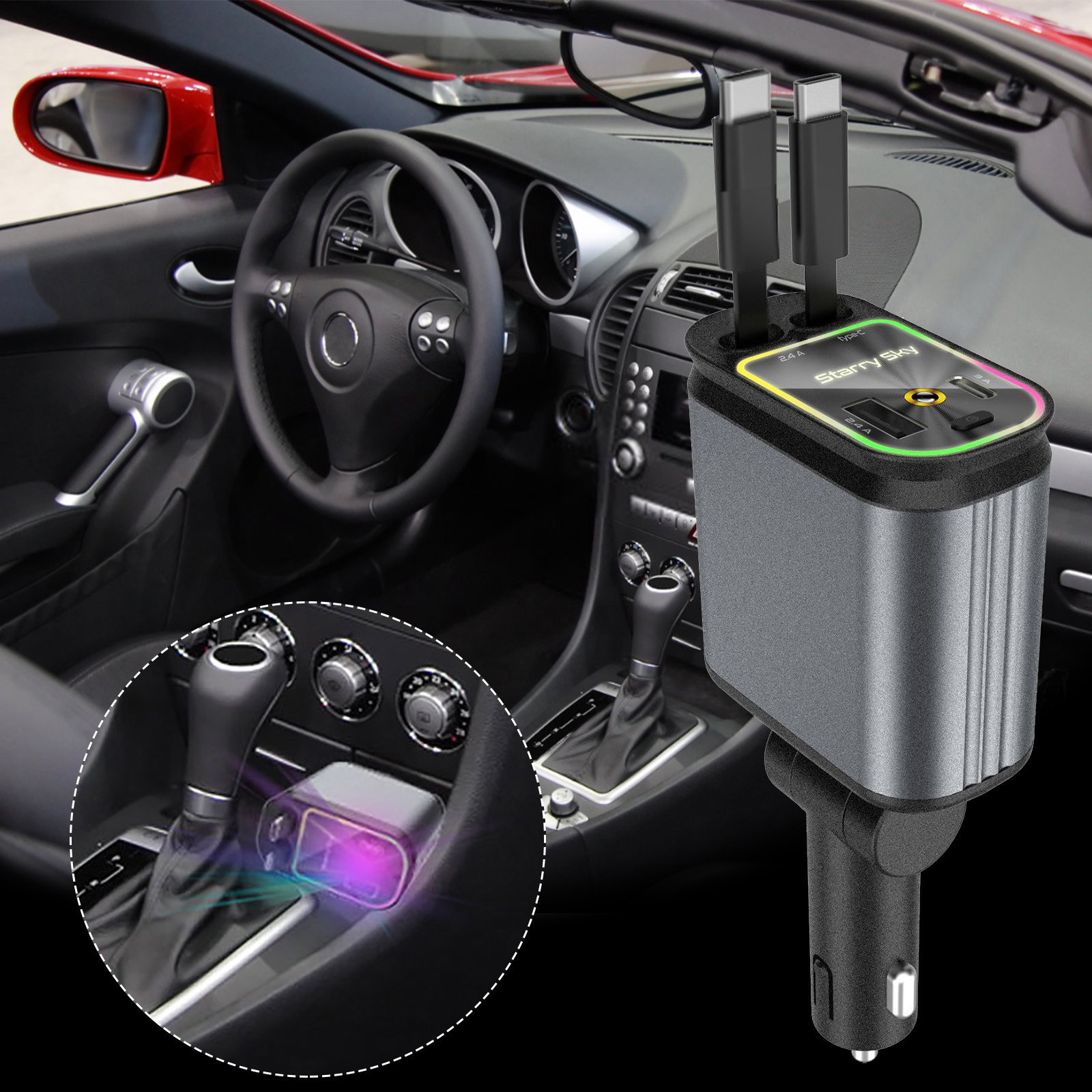 4 in 1 Retractable Car Charger, with Starlight Projection in Car Roof ...