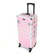 4 in 1 Rolling Makeup Train Case, Professional Aluminum Makeup Travel Organizer Cosmetic Case, Cosmetology Caboodle Case on 360° Wheels, Beauty Storage Luggage Lockable