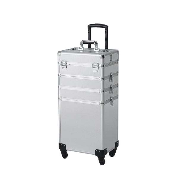 4 in 1 Rolling Makeup Train Case, Professional Aluminum Makeup Travel Organizer Cosmetic Case, Cosmetology Caboodle Case on 360° Wheels, Beauty Storage Luggage Lockable(Silver)
