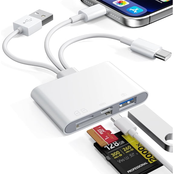 4 in 1 SD Card Reader for iPhone,USB-C/Lightning/USB-A Memory Card Reader/USB OTG Adapter,Transfer Photos from Digital Camera to Phone,Memory Card Reader with SD/TF/USB Flash Drive/USB C Port