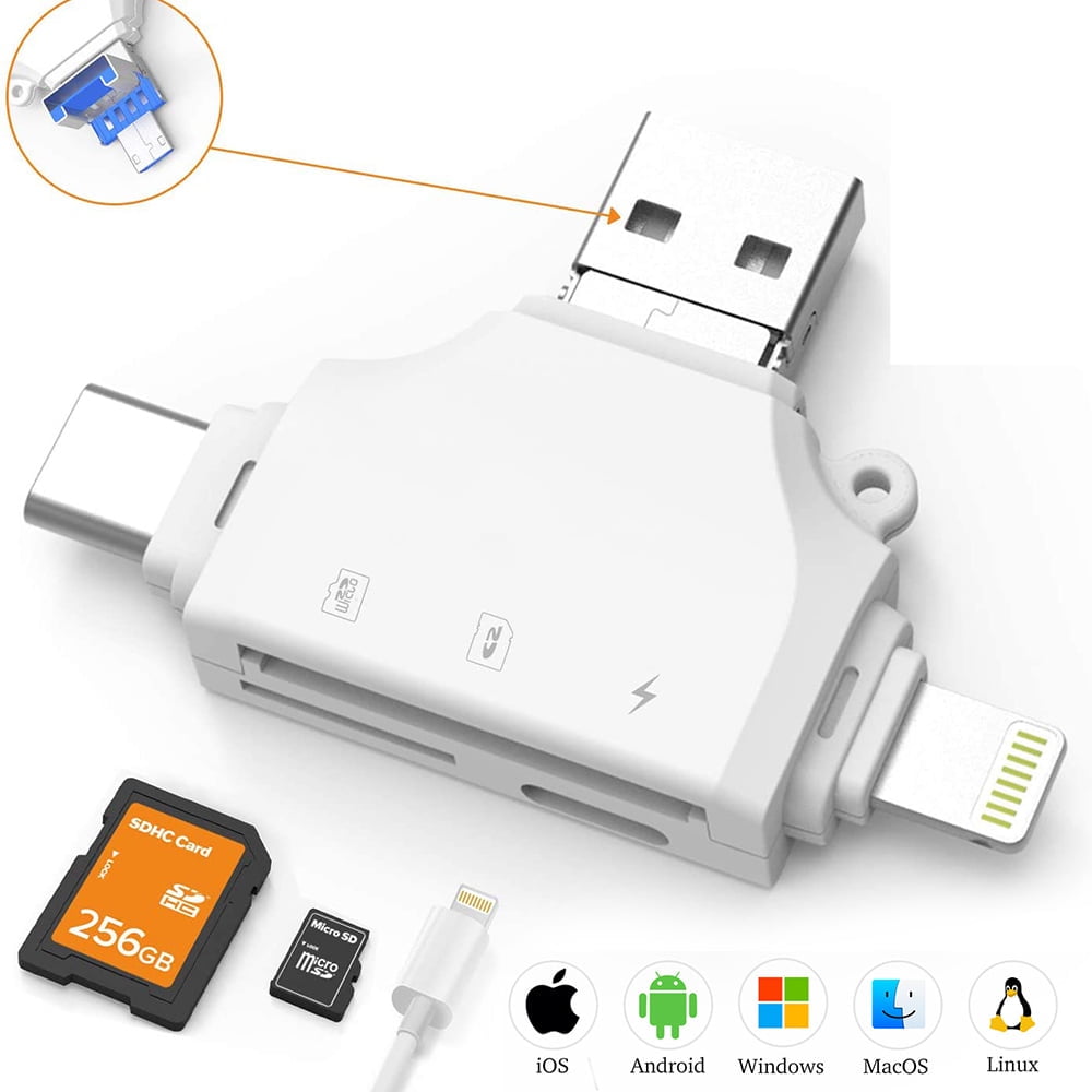 4 in 1 SD Card Reader for iPhone ipad Android Mac PC Camera,Micro SD Card  Reader SD Card Adapter Portable Memory Card Reader Trail Camera Viewer