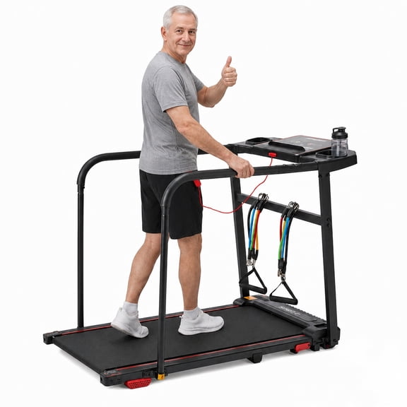 4 in 1 Senior Treadmill for Home with Extended Handrails, Walking Treadmill with 2.5HP Quiet Motor, 0.3-6.2MPH, Heart Rate Monitor, Vibration Function, Resistance Band, Safe Key, Cup Holder
