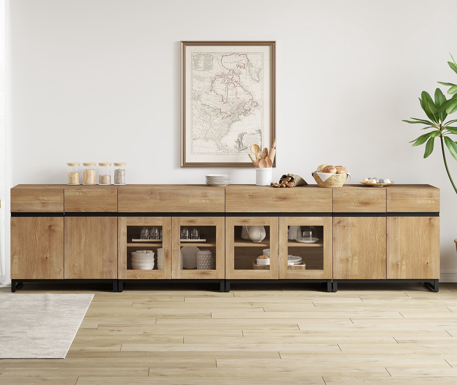 4 In 1 Sideboard Buffet Cabinets With Glass Doors And 2 Drawers, Modern Sideboard Credenza With Adjustable Shelf And Metal Base,Cabinet Storage Cabinet,Oak