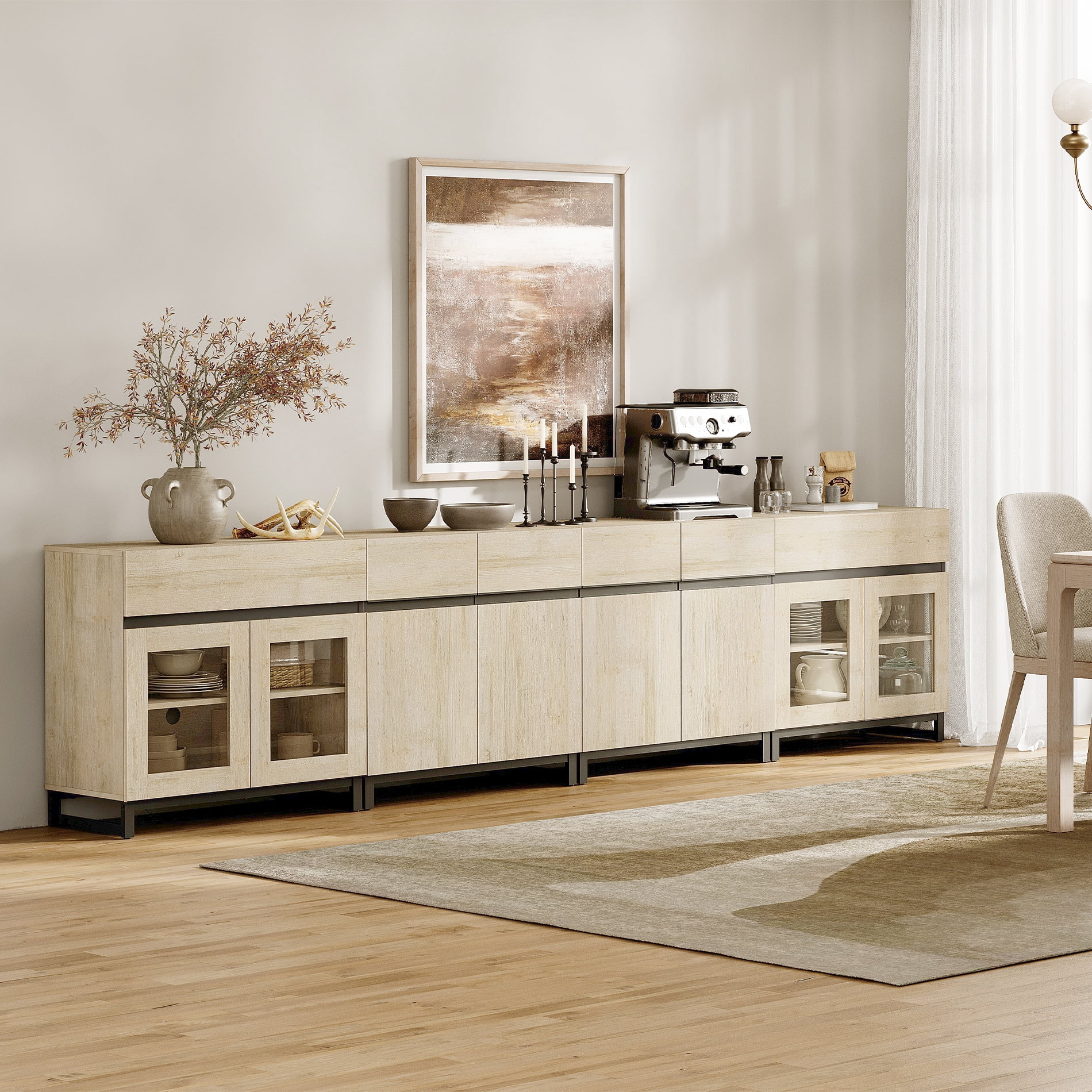 4 In 1 Sideboard Buffet Cabinets With Glass Doors And 2 Drawers, Modern Sideboard Credenza With Adjustable Shelf And Metal Base, Coffee Bar Cabinet Storage Cabinet,Beige