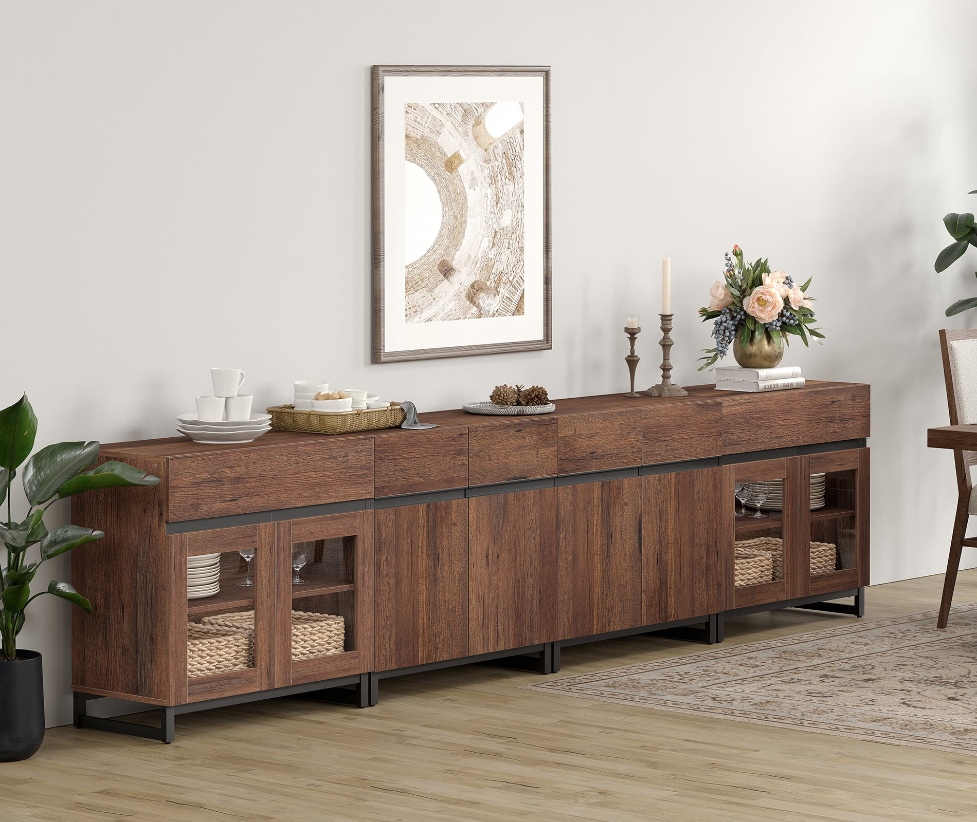 4 In 1 Sideboard Buffet Cabinets With Glass Doors And 2 Drawers, Modern Sideboard Credenza With Adjustable Shelf And Metal Base, Coffee Bar Cabinet Storage Cabinet,Brown
