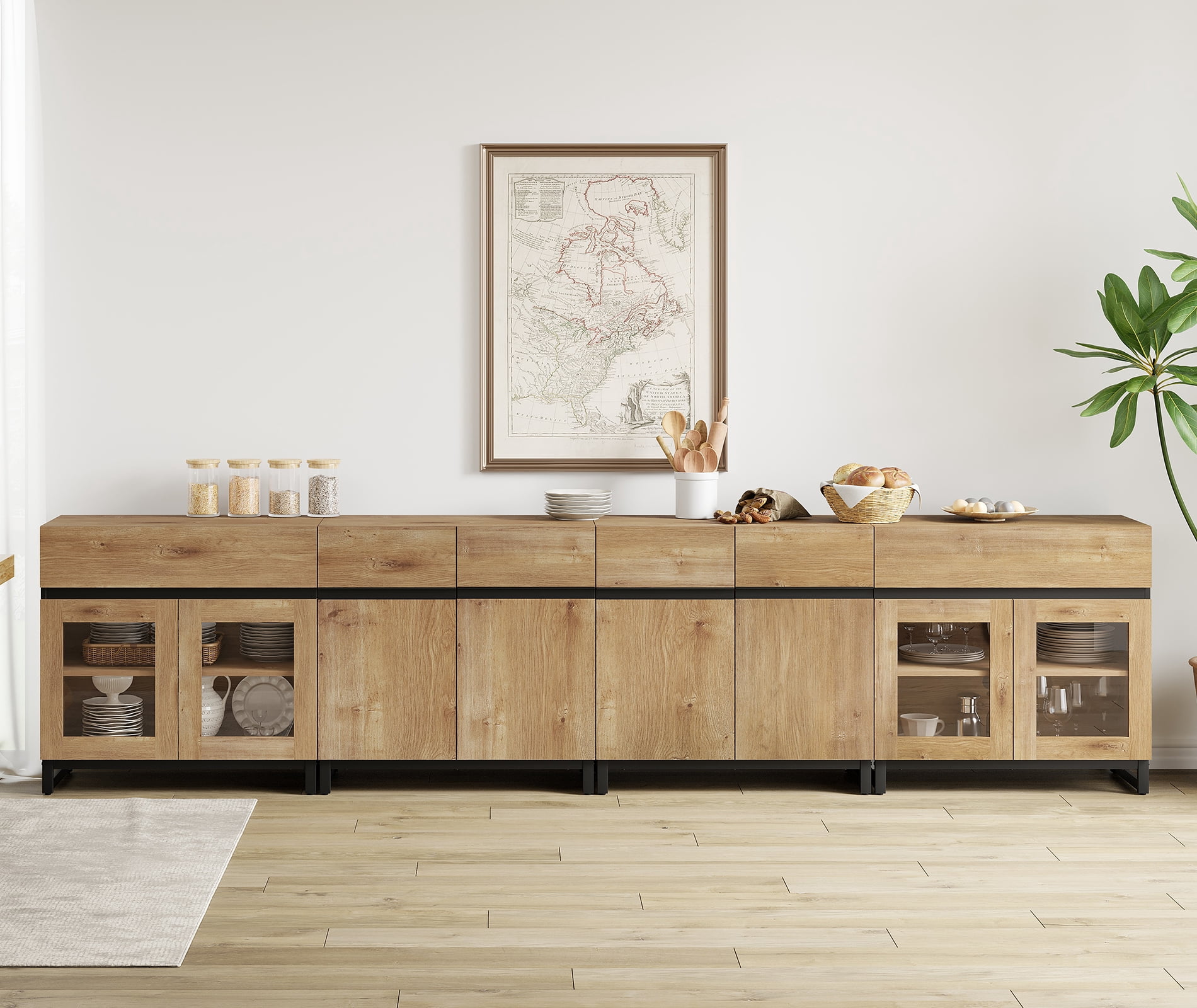 4 In 1 Sideboard Buffet Cabinets With Glass Doors And 2 Drawers, Modern Sideboard Credenza With Adjustable Shelf And Metal Base, Coffee Bar Cabinet Storage Cabinet,Oak