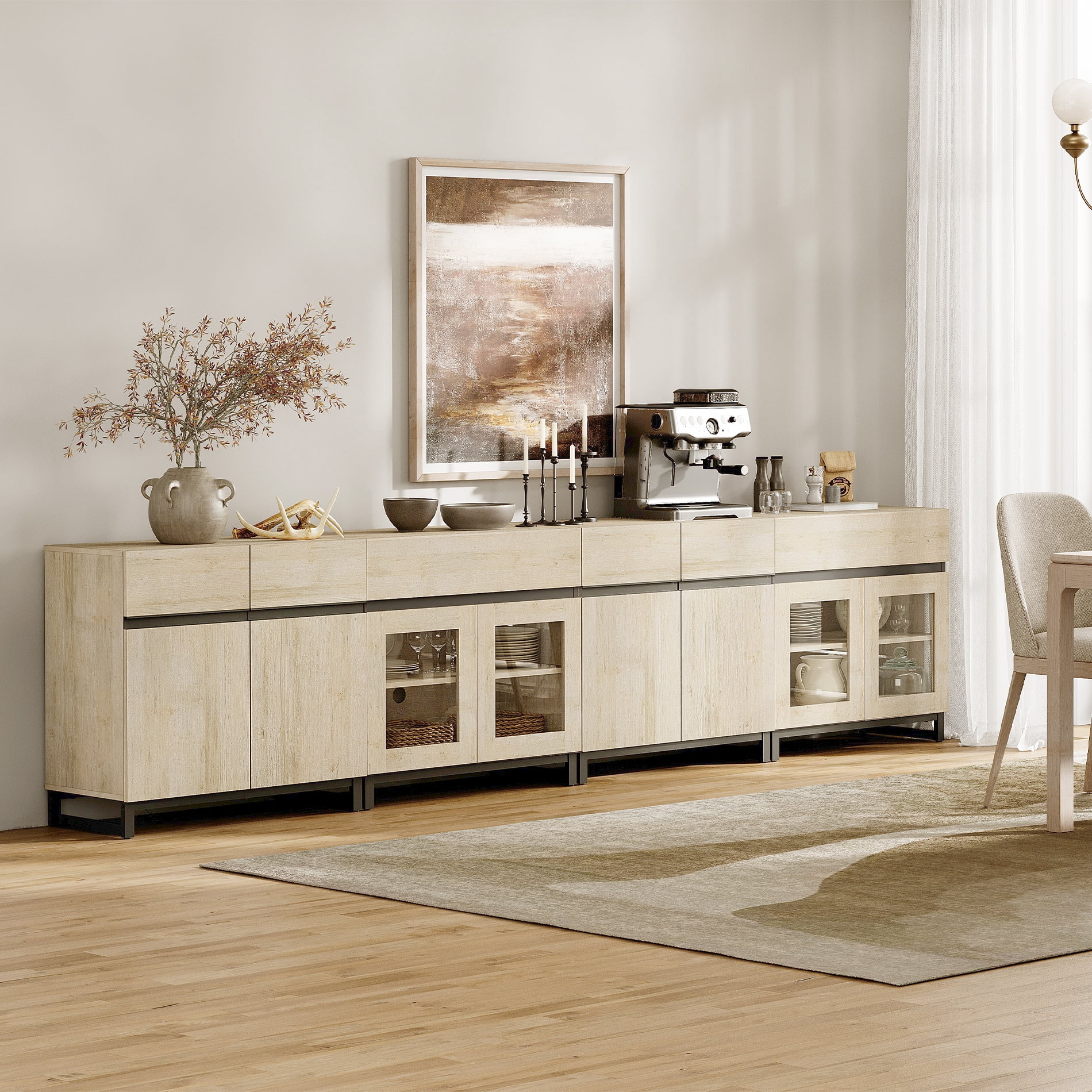 4 In 1 Sideboard Buffet Cabinets With Glass Doors And 2 Drawers, Modern Sideboard Credenza With Adjustable Shelf And Metal Base, Coffee Bar Cabinet Storage Cabinet