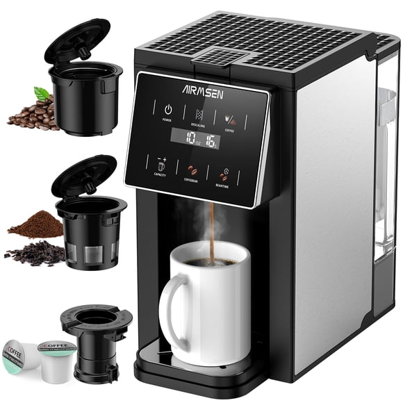 AIRMSEN 3 in 1 Single Serve Coffee Maker with Grinder, K Cup Coffee Machine Compatible with Grounds and Beans, Instant Coffee Pot with 5 Grind Levels & 6-14oz Cup Sizes, BPA-Free