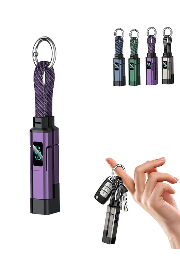 4 in 1 Smart Display Keychain Cable, 65W PD Fast Charging Multi Short USB C Cord with Digital Power LED Screen, Heavy Duty Braided Travel Charger for Cell Phones Laptops Tablets (Purple)