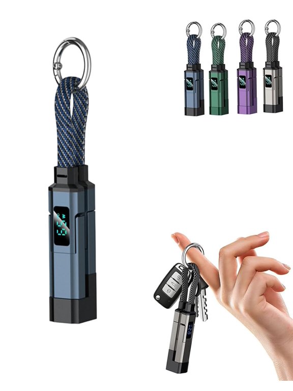 4 in 1 Smart Display Keychain Cable, 65W PD Fast Charging Multi Short USB C Cord with Digital Power LED Screen, Heavy Duty Braided Travel Charger for Cell Phones Laptops Tablets (Blue)