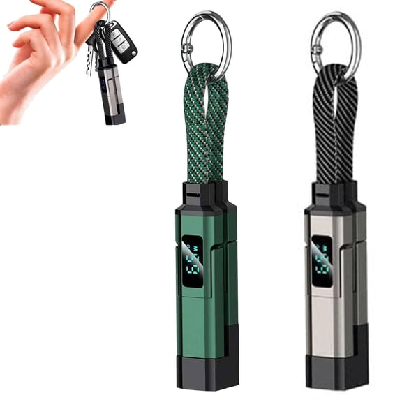 4 in 1 Smart Display Keychain Cable, Portable Charger Keychain, 65W Fast Charging Data Cord with Lanyard & LED Display Cable Fit Light-Ning/Type-C/USB-A/USB-C (Black，Green)