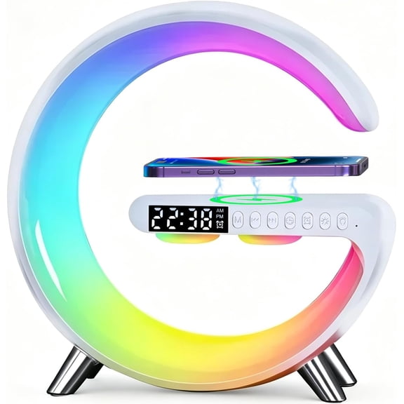 4 In 1 Smart LED Table Lamp, Alarm Clock, Bluetooth Speaker, Wireless Charger, App Control Night Light Bedside Lamp with Fast Charging Station for Bedroom, Home Decor, Family, Teen Girls Boys Gifts
