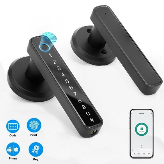 4 in 1 Smart Lock,Fingerprint Door Lock with Handle/Biometric Keyless Door Locks with Passcodes/Key/Tuya APP Remote Control/Smart Knobs for Bedroom Home Hotel Office Apartment, Black
