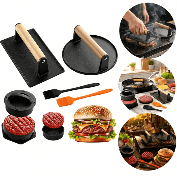 4 in 1 Smash Burger Press Kit, Cast Iron Burger Press Set with Round & Rectangle Mold, Non Stick Hamburger Smasher Tool & Sauce Brushes for Griddle Grill Black
