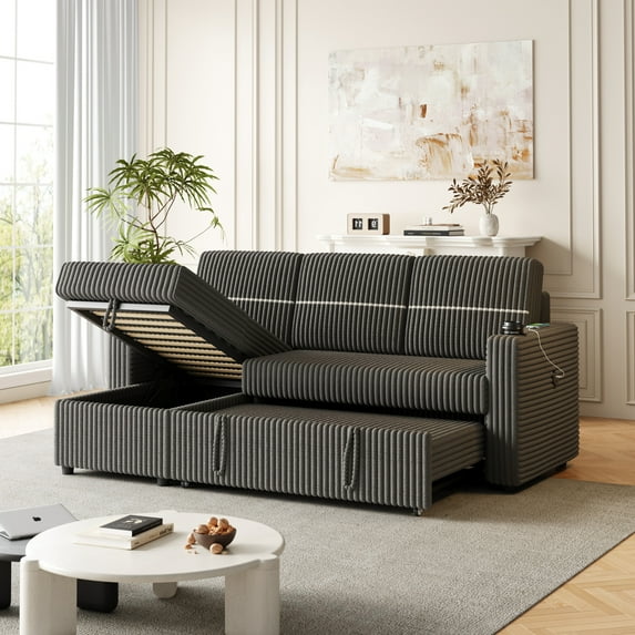 4 in 1 Sofa Bed Couch, 3 Seater Couch Bed with Storage and 2 Cup-holder and USB Charge Port, 85 Inches L Shaped Sofa, Sleeper Sofa Couch with Pullout Bed, Dark Gray