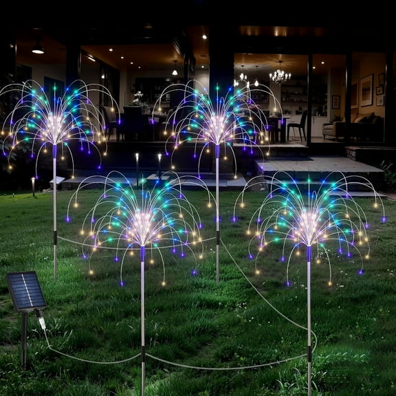 4 in 1 Solar Fireworks Lights, 320 LED with 8 Modes, Outdoor Waterproof Solar Garden Fireworks Lights, Starburst Stacked Lights for Patio Balcony Channel Lawn Holiday  Christmas Party Decoration