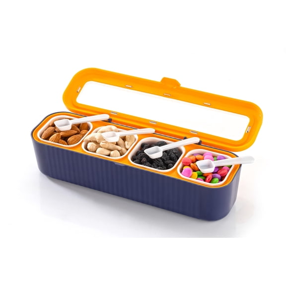 4 in 1 Spices/Masala Organizer Box for Kitchen, Multipurpose Robust Plastic 4 Section/Compartment Dabba Set with 4 Spoons, BPA-Free Seasoning Container for Food Grade Storage