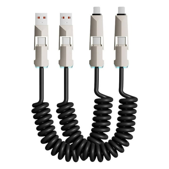4 in 1 Spring Fast Charging Cable (2Pack), 240W USB-C PD Multi Charging, 1.2m/5ft Coiled Retractable for iPhone, Samsung, iPad, MacBook,Tablets - Black
