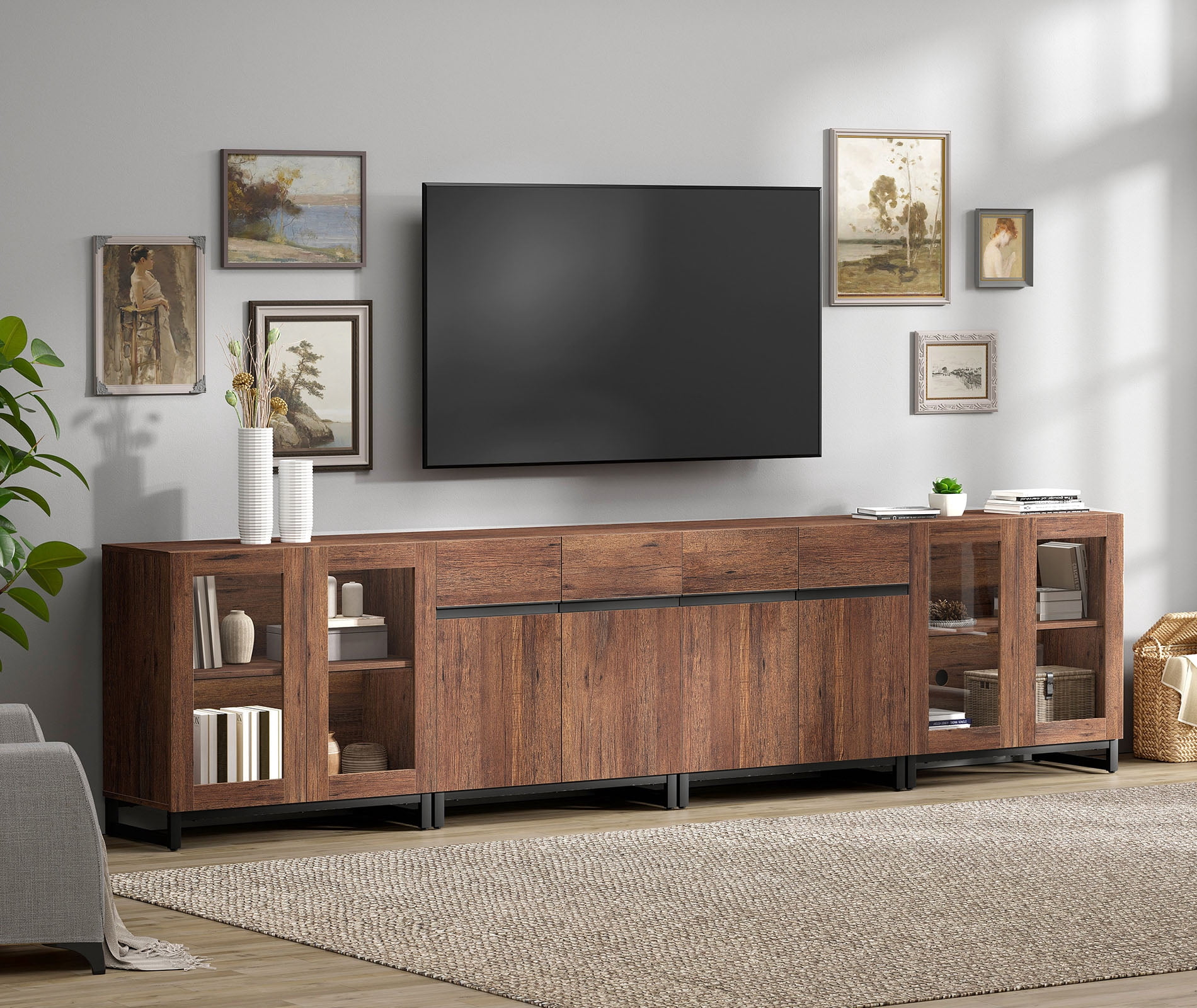 4 In 1 TV Stand For Tvs Up To 120 Inches, Modern Entertainment Center With Glass Doors And Metal Legs, TV Console With Adjustable Shelf For Living Room, Bedroom,Brown