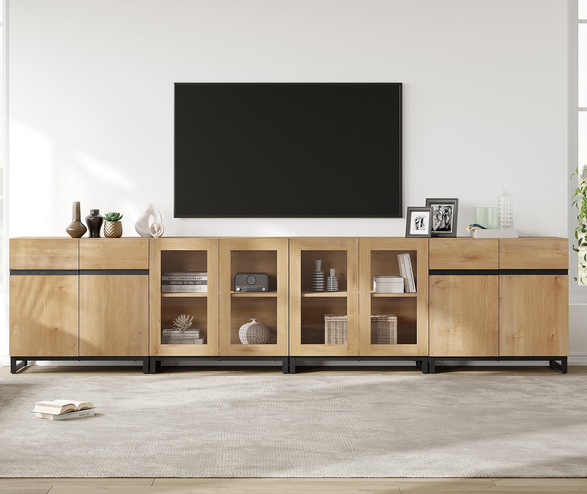 4 In 1 TV Stand For Tvs Up To 120 Inches, Modern Entertainment Center With Glass Doors And Metal Legs, TV Console With Adjustable Shelf For Living Room, Bedroom,Oak