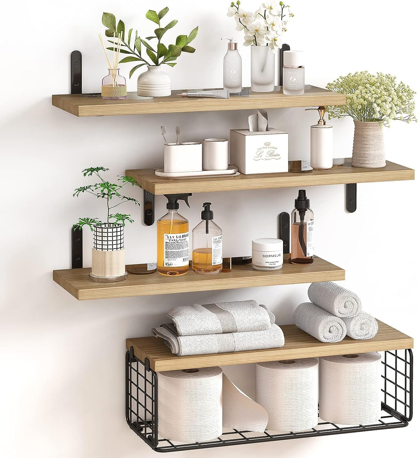 4+1 Tier Floating Shelves, Bathroom Shelves Over Toilet with Wire Storage Basket (Brown)