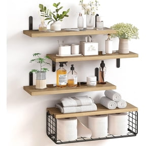 4+1 Tier Floating Shelves, Bathroom Shelves Over Toilet with Wire Storage Basket (Brown)