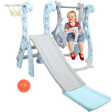 4 in 1 Toddler Swing and Slide Set for Kids Age 1 to 5, Toddler Indoor Playground for Children Baby Swing Set with Swing, Climber, Ball, Basketball Hoop and Long Slide for Boys and Girls, Blue