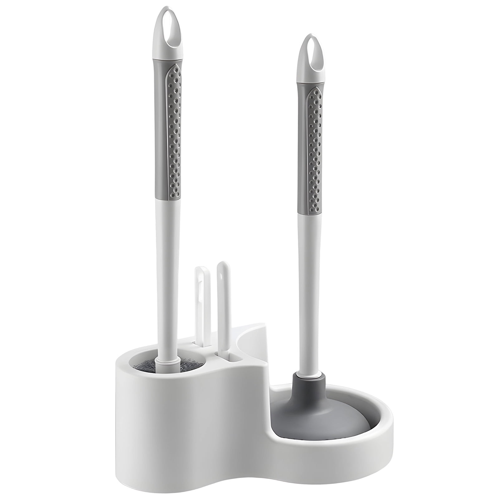 4 in 1 Toilet Bowl Brush And Plunger Set, Plastic, Wall Mount, 14.6 in, White & Gray, Toilet Brush Set for Bathroom, Toilet Brush and Holder Set, Space Saving