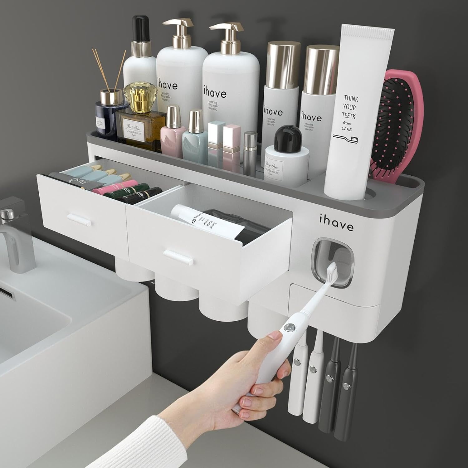 White Wall Mounted Toothbrush Holder with Toothpaste Dispenser and Storage Drawers