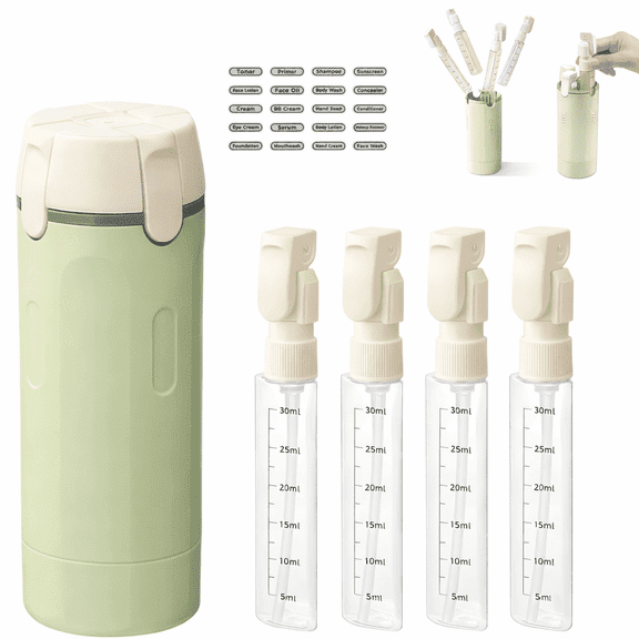4 in 1 Travel Dispenser Bottle, 4 Pack 30ML Travel Bottles for Toiletries, Leak Proof Portable Travel Containers for Shampoo, Conditioner, Lotion and Cream, Green
