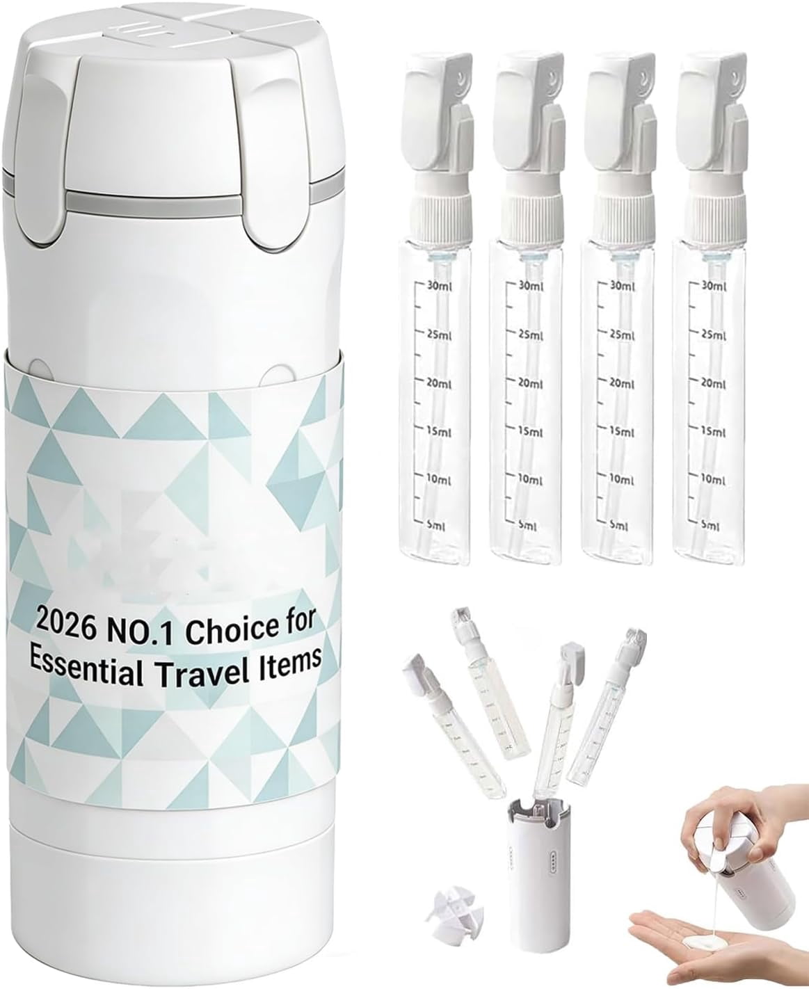 4 in 1 Travel Dispenser Bottle 4 Pack 30ml Air Conditioner Portable Refillable Travel Size Containers Dispensing Bottles for Shampoo Conditioner Lotion Luggage Organizer Travels Essentials(White)