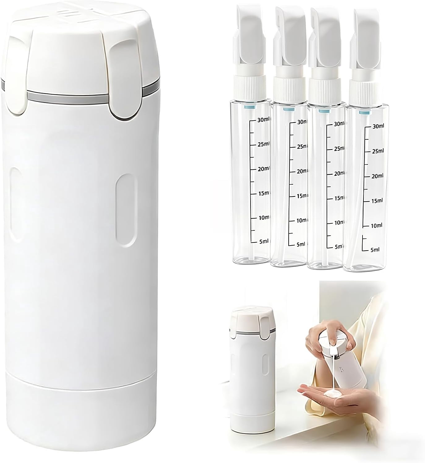 4 in 1 Travel Dispenser Bottle Leakproof Refillable Travel Bottles for Toiletries Portable Size Containers for Shampoo Lotion Cosmetics Travel Essentials for Women Men (White)