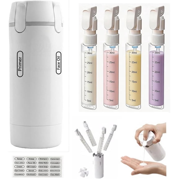 4 in 1 Travel Dispenser Bottle Set, 4 Pack 30ML Travel Size Containers for Toiletries, Leak Proof Refillable Travel Bottles for Shampoo, Lotion (White)