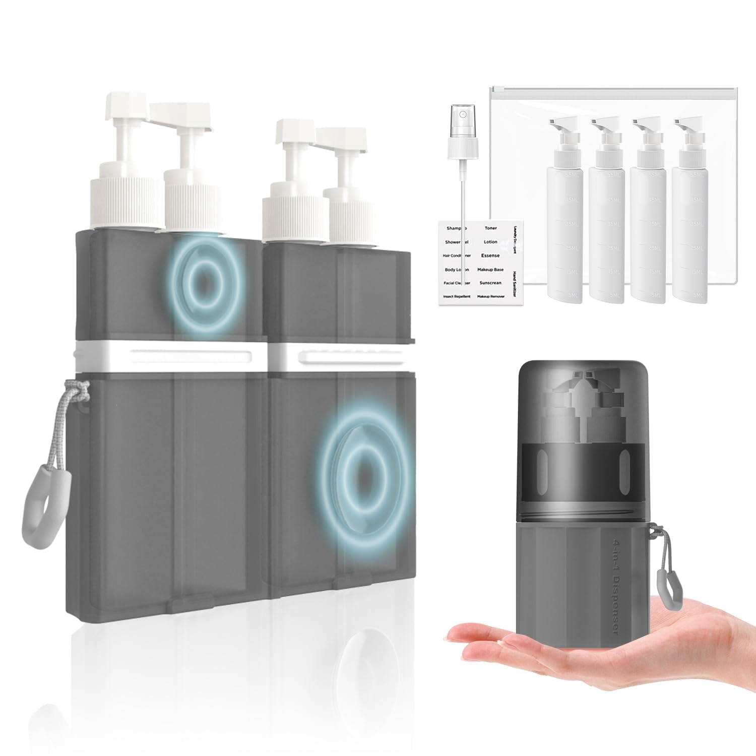 4 in 1 Travel Dispenser Bottle, Vacuum Silicone Suction Cup for Smooth Walls, TSA Approved Leak Proof Travel Size Containers for Toiletries, Shampoo, Body Wash and Conditioner
