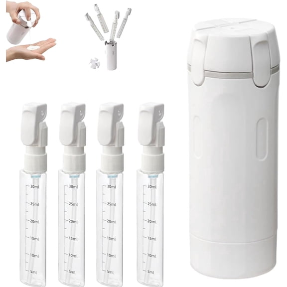 4 in 1 Travel Dispenser Bottles, 4 Pack 30ML Leak-Proof Travel Toiletries Containers, Refillable Portable Pump Bottles with Measurement Scale & Labels for Shampoo Conditioner Lotion Cream (White)