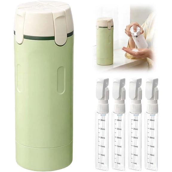 4 in 1 Travel Dispenser Bottles, 4 Pack 30ML Leak-Proof Travel Toiletries Containers, Refillable Portable Pump Bottles with Measurement Scale & Labels for Shampoo Conditioner Lotion Cream (Green)