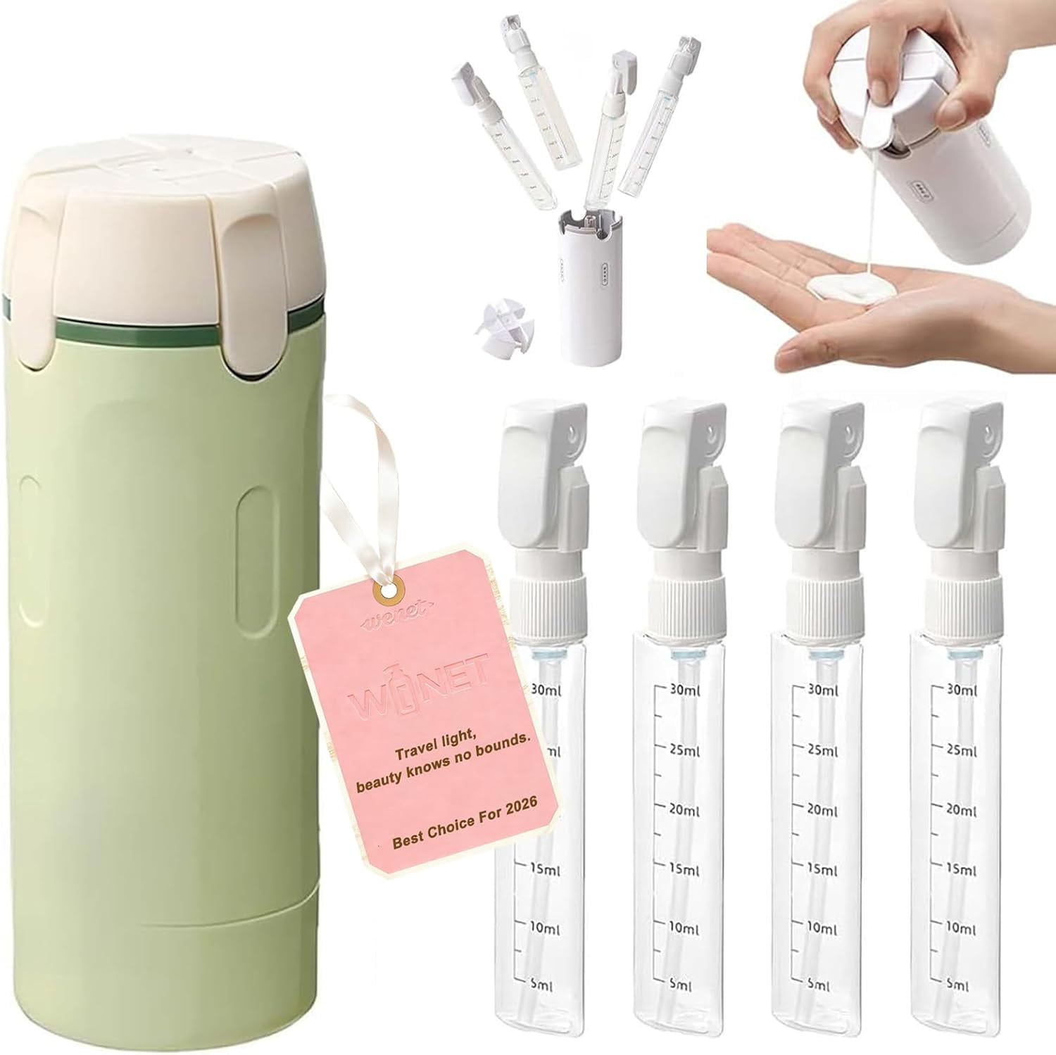 4 in 1 Travel Dispenser Bottles, Leak Proof Travel Bottles for Toiletries, 4 Pack 30ML Refillable Travel Size Containers for Shampoo, Onditioner, Travels Essentials (Green)