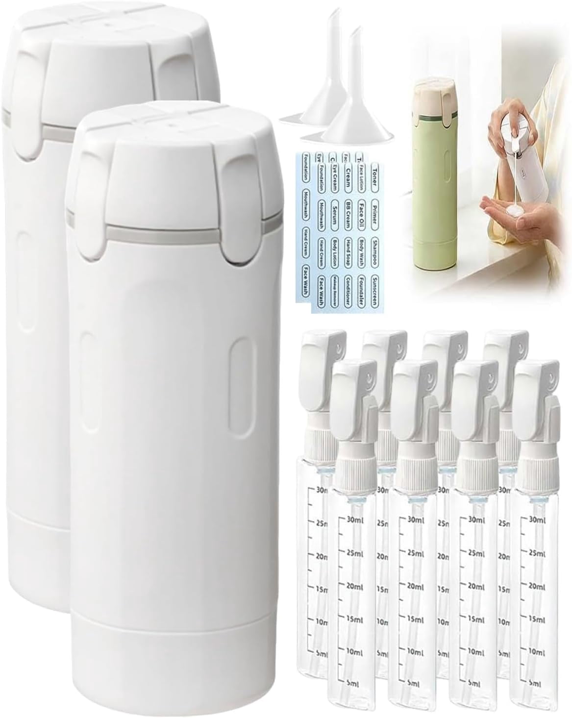 4 in 1 Travel Dispenser, Portable Leak Proof Refillable Squeeze Bottles with Label, 4 Pack 30ml Travel Size Bottle Set for Shampoo Lotion Conditioner Cream, Toiletry Storage Containers Gift