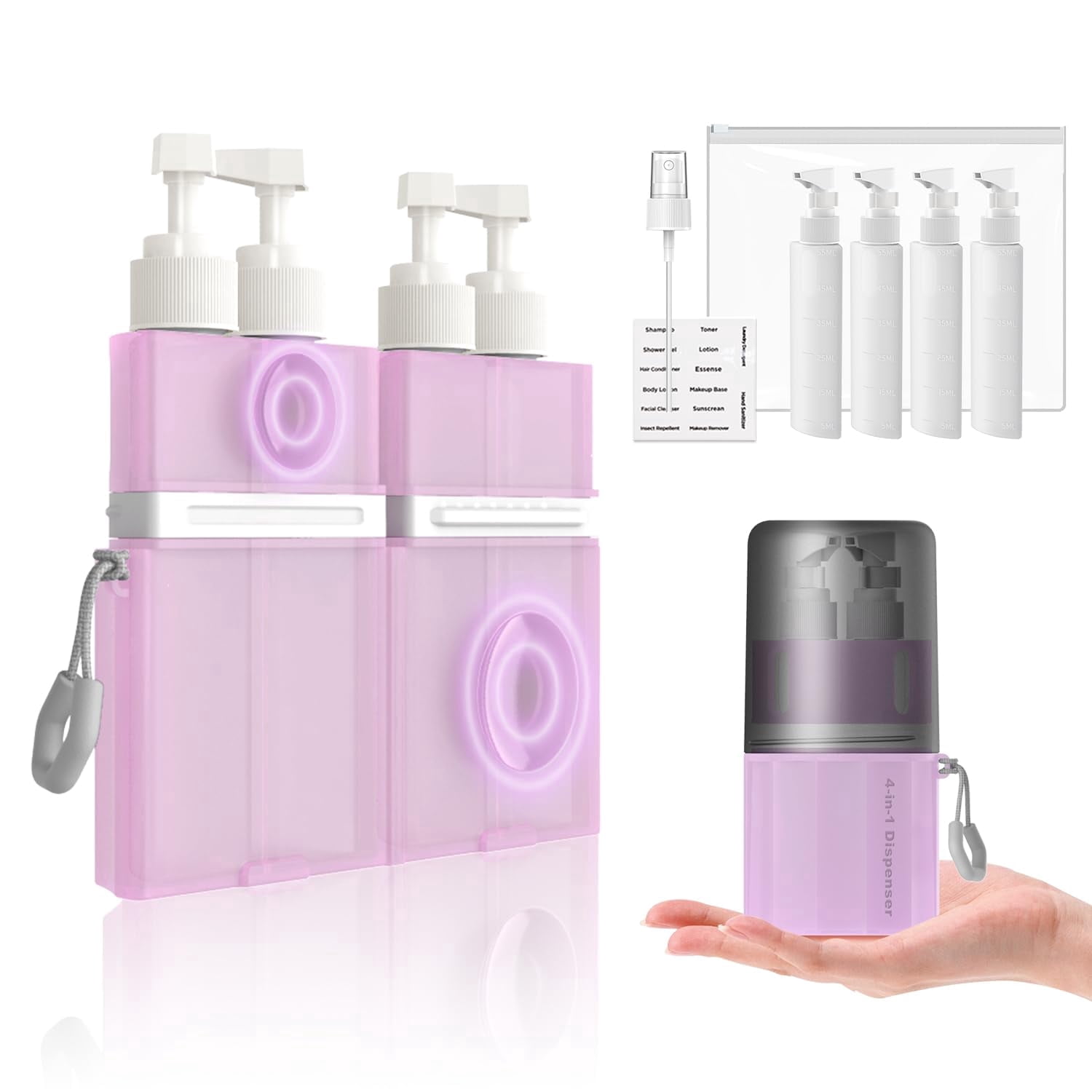 4 in 1 Travel Toiletry Containers, Refillable Travel Size Toiletries Bottles Set with Suction Cup for Smooth Walls - for Shampoo,Conditioner,Body Wash,Lotion