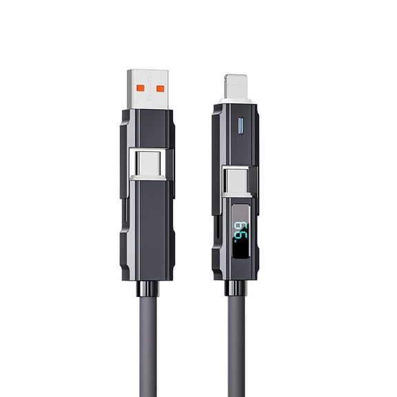 4 in 1 USB C Cable with Wattage Display, 240W Flat Nylon Braided Multi Charge Cable with Data Sync, USB C Charging Cord Combo Type C/USB A/L Port for iPhone/iPad/Samsung/Laptop, 5FT,Grey - Silicone