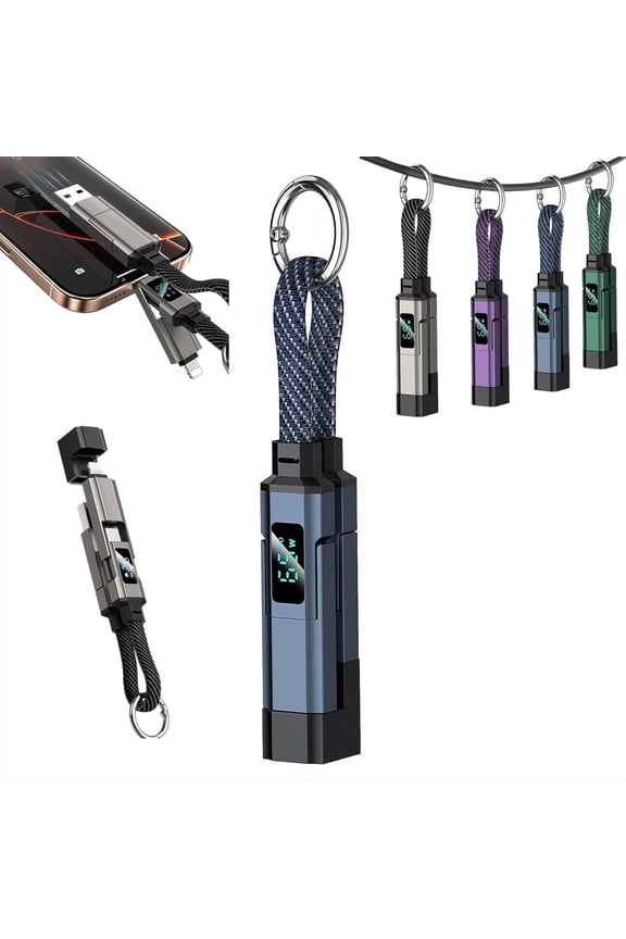 4 in 1 USB C Keychain Charger Cable, Portable 4 in 1 Digital Display Keychain ChargerCable, 65w Fast Charging Short Phone Lanyard Data Cable Fit Light-ning/Type-c/USB-a/USB-c
