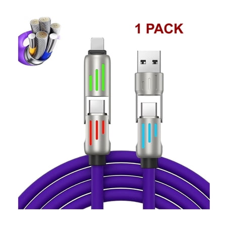 4 in 1 USB Charging Cable, 240w 4-in-1 USB C Cable, 4 in 1 USB 240w Cable, Multi Charger Cable with Breathing Light, 5a Multi Fast Charging & Data Sync Silicone Compatible (Purple)-1 pack