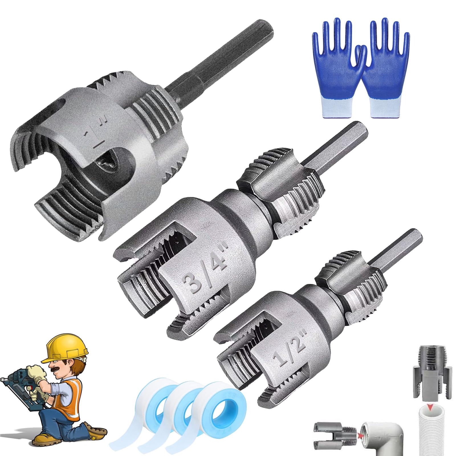 Thread Pipe Risers Tool 4 in 1 Water Pipe Threader Tool for Drill, 1/2