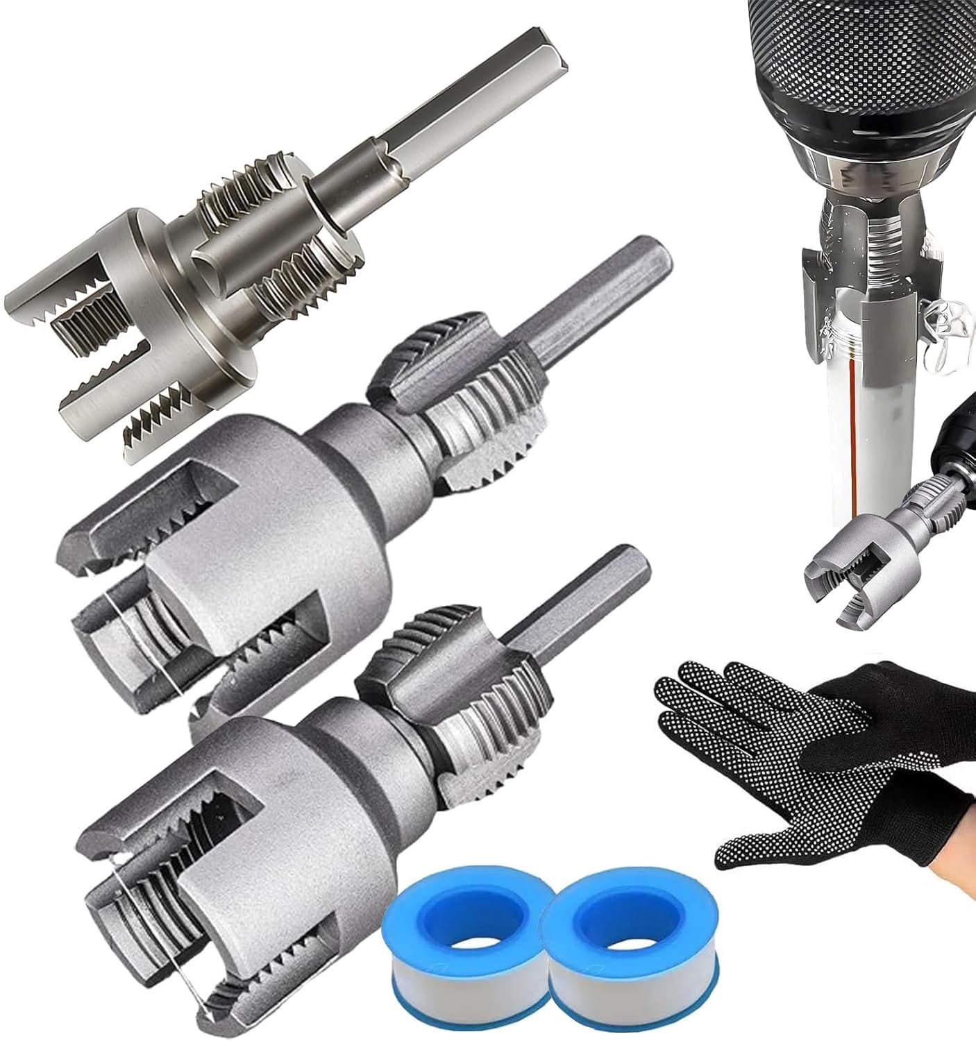4 In 1 Water Pipe Wrench, 1/2" & 3/4"Internal And External Pipe Threading Tool Set for PVC/Plastic Pipes, Pipe Thread Cutting Tool,Drill Driven Plumbing Repair Set for Water Pipe