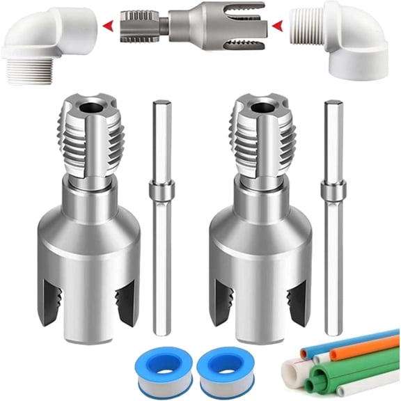 4 in 1 Water Pipe Wrench, 4 in 1 Pipe Threader, Universal Pipe Opener for PVC Pipes, for 1/2 Inch and 3/4 Inch Water Pipes, Drill Driven Plumbing Repair Set
