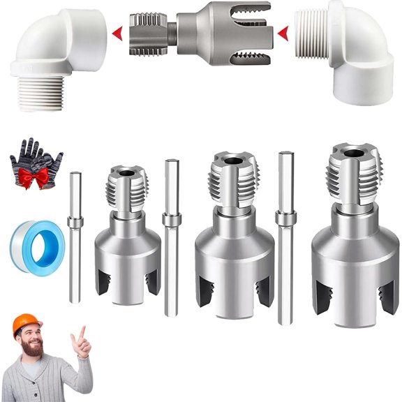 4 in 1 Water Pipe Wrench, Integrated Internal & External Pipe Threading Tool, Pipe Tapping and Threading Tool for 1/2",3/4",1",Electric Drill Compatible PVC Pipe Threader(3Pcs)