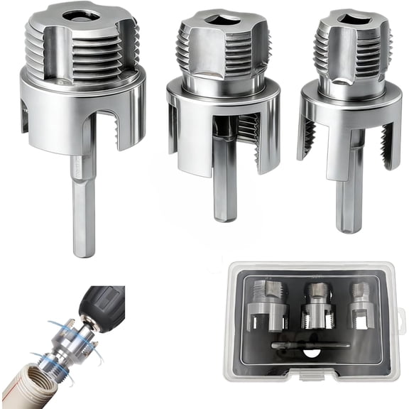 4 in 1 Water Pipe Wrench & PVC Pipe Threader Kit, Integrated Internal & External Plastic Pipe Threading Tool, Drill Driven Tapping Set for 1/2", 3/4", 1" Pipes (1SET)