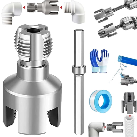 4 in 1 Water Pipe Wrench, Pipe Tapping and Threading Tool, Integrated Internal & External Pipe Threading Tool for 1/2'' & 3/4'' Pipes, Electric Drill Compatible PVC Threader(3/4'')