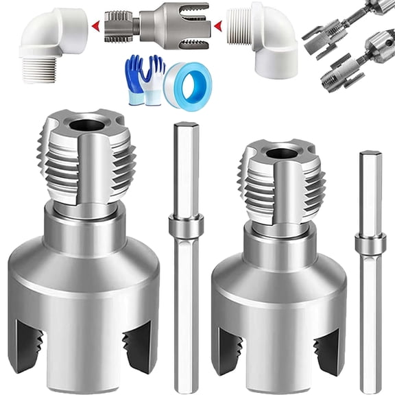 4 in 1 Water Pipe Wrench, Pipe Tapping and Threading Tool, Integrated Internal & External Pipe Threading Tool for 1/2'' & 3/4'' Pipes, Electric Drill Compatible PVC Threader(1/2''+3/4'')