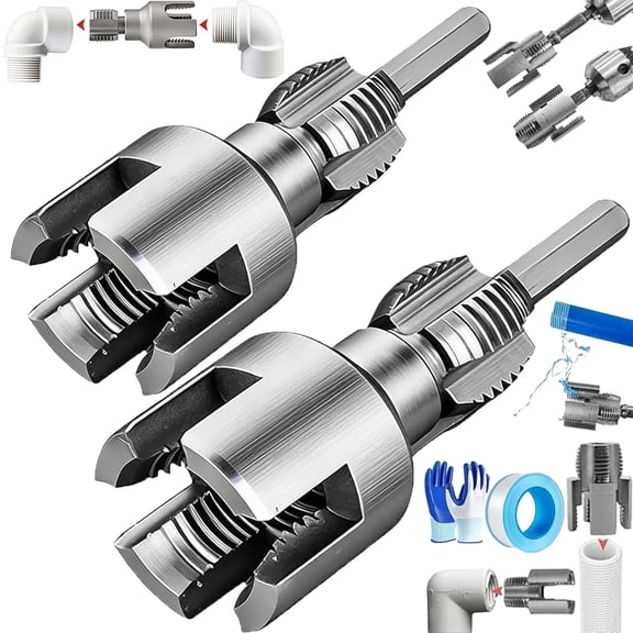 4 in 1 Water Pipe Wrench, Pipe Tapping and Threading Tool, Integrated Internal & External Pipe Threading Tool for 1/2'' & 3/4'' Pipes, Electric Drill Compatible PVC Threader(1/2''+1'')